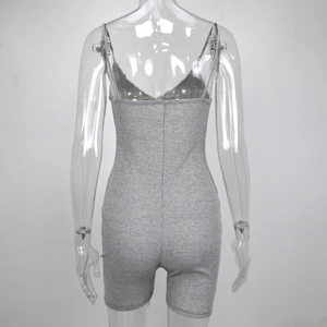 Rear view of grey ribbed knit romper showing slim fit design and thin shoulder straps