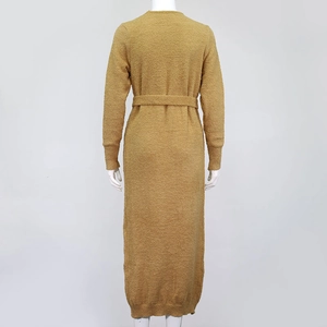 Detail view of ginger yellow plush robe back with textured fleece and waist tie strap
