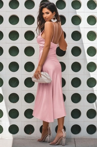 Detail of pink satin long dress with side slit and backless drawstring design