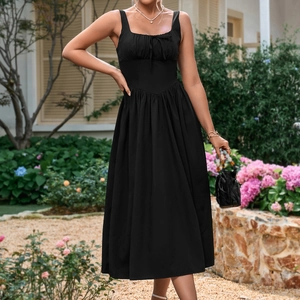 Damen Eckiger Ausschnitt Cami Maxi Kleid Sexy Rückenfrei Gesmokte Taille Schlankmachendes Polyester Langes Sommerkleid Freizeit