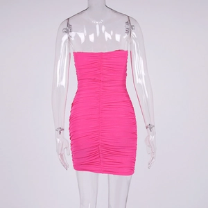Back view of a rose red tube dress featuring ruched mesh fabric and hollow-out detailing