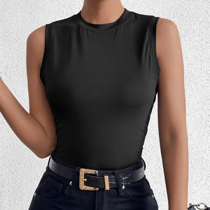 Débardeur Femme Sans Manches Col Rond Coupe Slim Texture Soie de Lait Couleur Unie Minimaliste Été Couche de Base Top