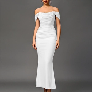 Elegant white off-shoulder bodycon maxi dress with ruched details and fishtail silhouette