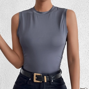 Débardeur gris foncé sans manches à col rond en maille extensible pour femmes