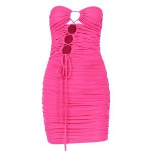 Ruched bodycon dress in rose pink featuring front lace-up cutout and backless design