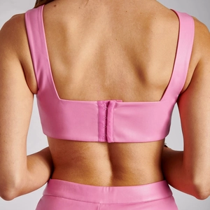 Pink PU leather crop top and mini skirt set with back hook-and-eye closure for women
