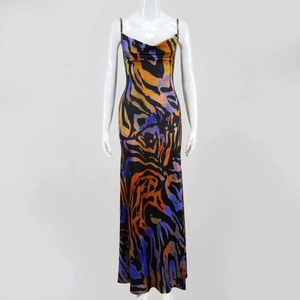 Detail of colorful tiger print cowl neck dress with thin straps and glossy texture