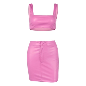 Pink two-piece PU leather set featuring a square neck crop top and high-waisted mini skirt