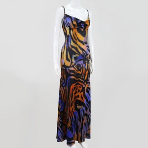 Detail of the cowl neck and abstract tiger print on a long slip dress for summer