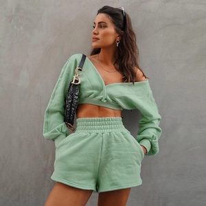 Women Top And Bottom Polyester Casual Streetwear Off Shoulder V Neck Long Sleeve Sweatshirt And High Waist Shorts