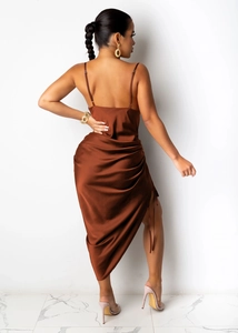 Detail view of backless satin slip dress with adjustable side drawstring ruching