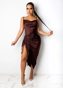 Detail of coffee satin slip dress featuring cowl neck, side drawstring and high slit