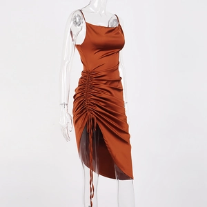 Detail view of the elegant satin cowl neck dress with side drawstring ruched slit details