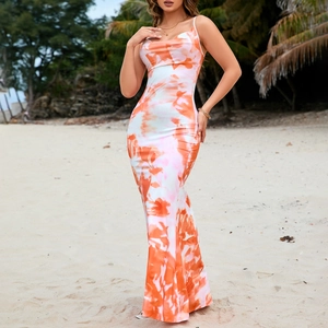 Women Sexy Cowl Neck Backless Maxi Dress Summer Beach Vacation Tie Dye Print Slim Fit Spaghetti Strap Slip Dress