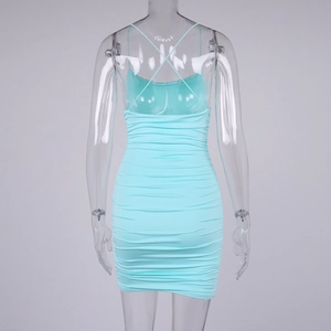 Back view of ruched bodycon mini dress with crisscross back straps in mint blue