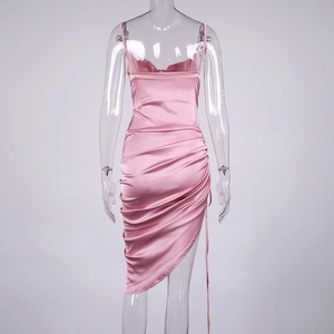 Rear view of pink satin maxi dress with spaghetti straps and ruched detailing