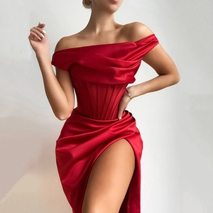 Robe Midi Femme Sexy Satin Corset Plissé Épaules Dénudées Fente Latérale Taille Haute Bodycon Cocktail Soirée