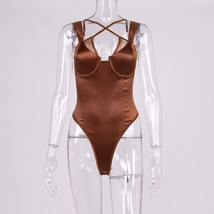 Detail of brown satin bodysuit featuring underwire cups and cross halter straps design