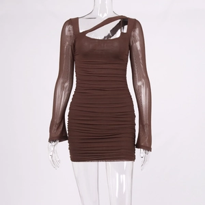 Detail view of ruched dark brown mesh bodycon dress with hollowed neckline