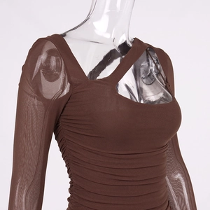 Sexy brown mesh long sleeve top with sheer fabric and ruched cutout design details