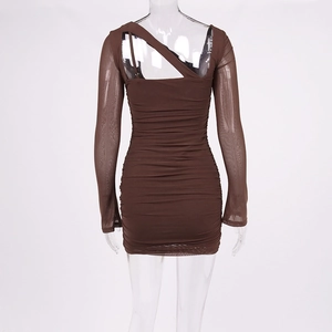 Detail of ruched fabric and sheer mesh long sleeves on a sexy brown bodycon mini dress