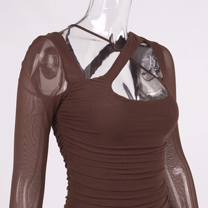 Detailed close-up of dark brown mesh long sleeve top with cross cutout and pleats