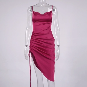 Detail of magenta satin dress showing the cowl neck and adjustable side drawstring ruching
