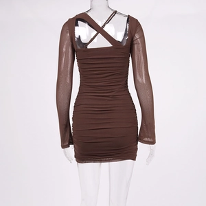 Detail of brown mesh bodycon dress featuring backless cutout and crisscross straps