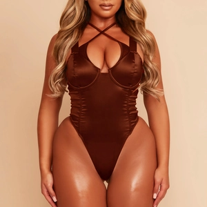 Sexy dark brown satin bodysuit with cross halter neck and underwired cups for women