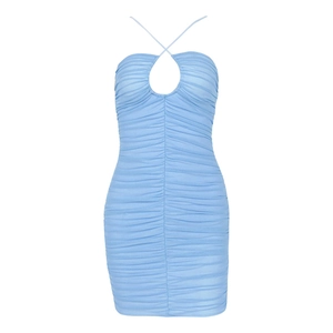 Hellblaues Neckholder-Minikleid mit gekreuzten Trägern und figurbetontem Plissee