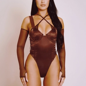 Slim fit brown satin bodysuit with cross halter neck and sheer mesh sleeves