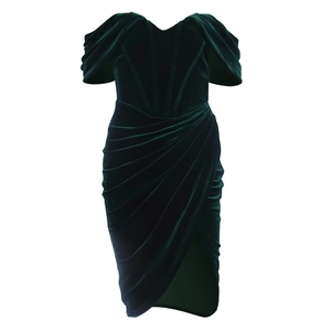 Robe midi en velours vert foncé avec bustier à baleines et fente latérale haute
