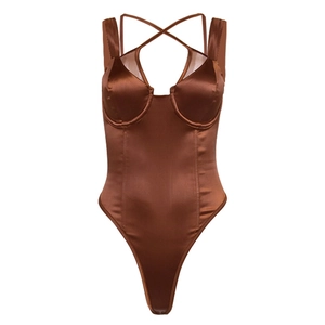 Sleek brown satin bodysuit with spaghetti straps and crisscross back design