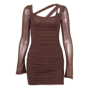 Sexy dark brown ruched mesh mini dress with asymmetric neckline and long sleeves