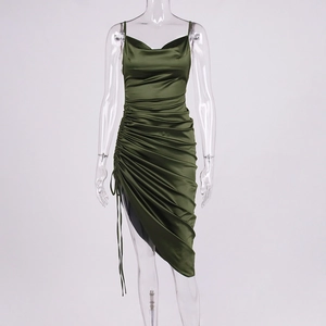 Detail of olive green satin dress featuring cowl neck and side drawstring ruched hem