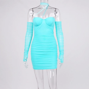 Detail of light blue ruched bodycon mini dress with sweetheart neck and matching sleeves