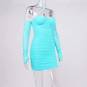 Detail of teal blue mesh mini dress featuring ruching and matching sheer sleeves