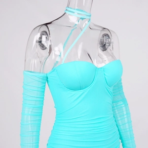 Detail of turquoise off-shoulder mesh dress with ruching and separate sleeve covers