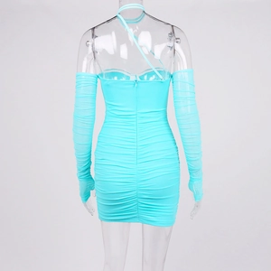 Detailed back view of a blue ruched bodycon mini dress with matching long sleeves