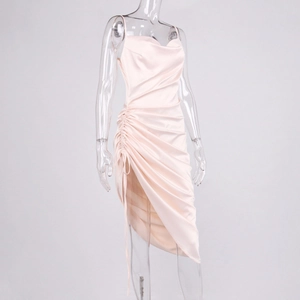 Detail of champagne satin dress showing cowl neck and adjustable side drawstring ruching