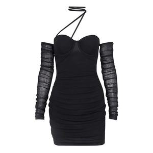 Sexy black ruched bodycon mini dress with sheer mesh long sleeves and halter neck design