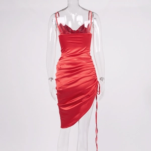 Detail of the back view of red satin midi dress with side ruching and drawstring