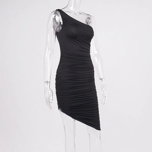 Detail view of the elegant black one-shoulder ruched dress with asymmetrical hemline