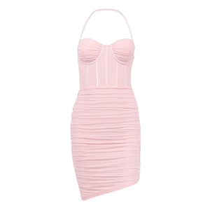 Pink mesh halter mini dress with corset boning and ruched details for women