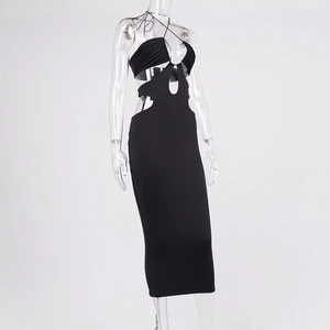 Close-up of the sexy cut-out design and halter neck detailing on the black bodycon dress