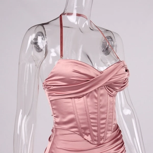 Pink satin halter dress with boned bodice and pleated wrap detail for women