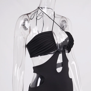 Sexy black halter neck maxi dress with pleated bust and cutout waist for beach summer style