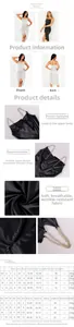 Detailed size guide and close-up views of backless satin midi dress with chain straps