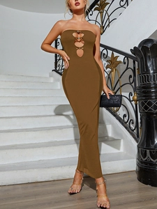 Detail view of brown bodycon maxi dress featuring rhinestones on chest cut-outs