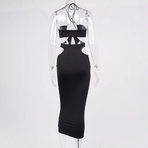 Detailed back view of a sexy black halter dress with hollow-out design and lace-up straps